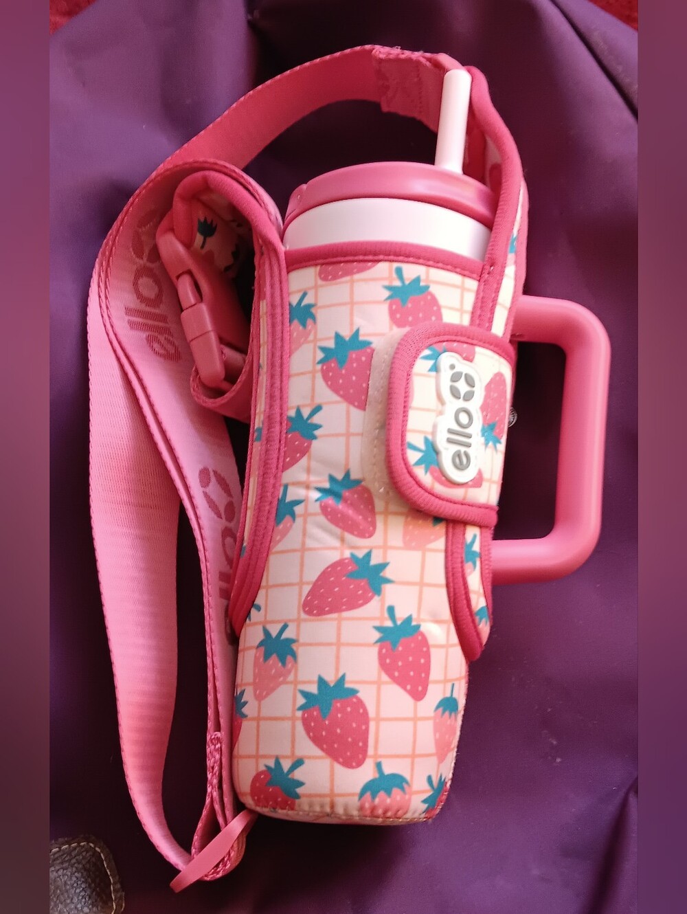 Kids Pink Strawberry Insulated Bottle Carrier with Strap